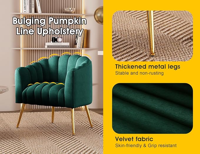 Dewhut Oversized Pumpkin Couch Accent Chair, Modern Comfy Velvet Upholstered Barrel Chairs, Luxury Single Sofa Armchair for Living Room, Waiting Room, Office and Vanity, (Green)
