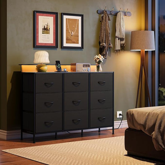 WLIVE Black Dresser TV Stand for 45, 50, 55 inch TV, Entertainment Center with LED Lights & Charging Station, Chest of drawers with 9 Fabric Drawers and Open Shelves for Living Room, Hallway, Wood Top