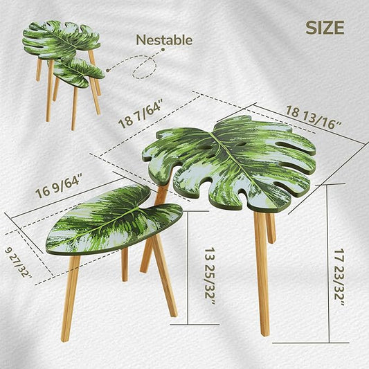 BAMEOS Monstera Leaf Nesting Tables Set of 2, Small Side Tables f Set with Leaf Vein Pattern, Modern Wooden CoffeeTables for Living Room Bedroom Apartment Balcony Yard
