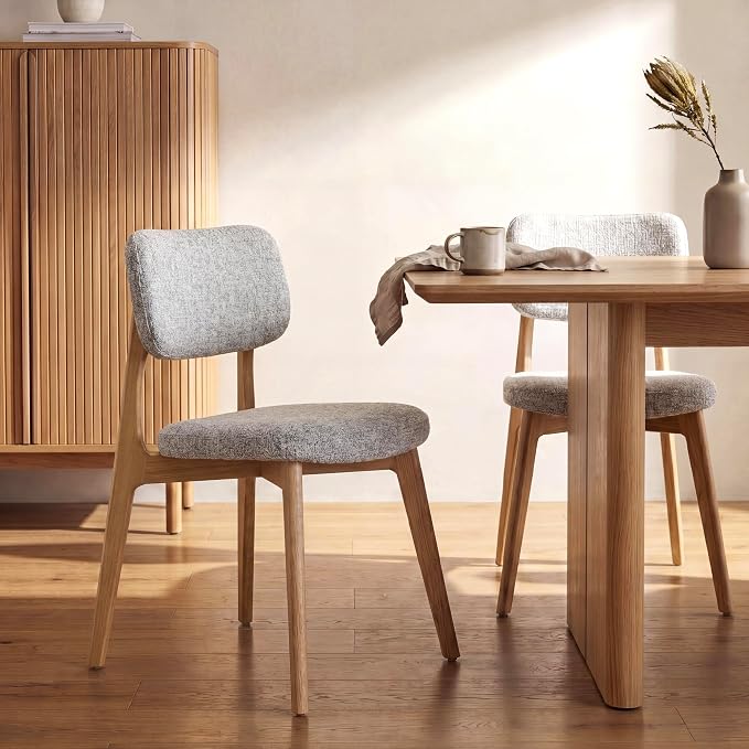 COLAMY Dining Chairs Set of 4,Modern Upholstered Kitchen Room Chairs with Solid Natural Oak Wood Legs, 5-Min Easy Assembly Anti-Wobble, High-Weight Fabric Farmhouse Side Chair, 300lbs,Oak,LightGrey