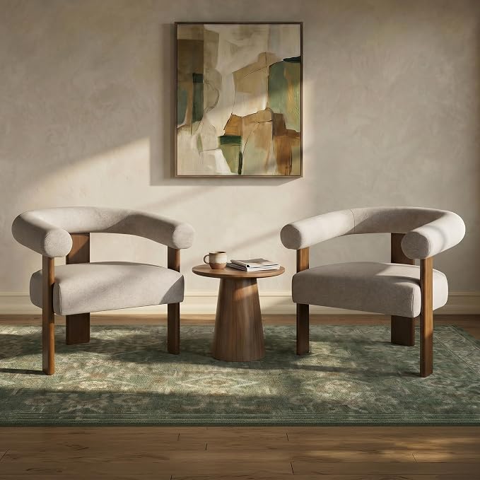 VKNOW Accent Chair, Vanity Chair with Armrests and Walnut Legs, Brown | Mohair-type Fabric, Barrel Back, Armrests, For Adults and Family, Living Room, Bedroom, Vanity, No Wobble, Easy Assembly