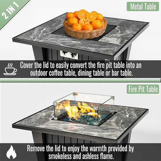 32" Propane Gas Fire Pit Table, 50,000 BTU Square Outdoor Fire Pit with Ceramic Tile Top & Glass Wind Guard, Steel Patio Fire Table with Lid, Blue Glass Beads & Rain Cover, Gray