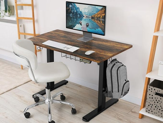 SHW 40 x 22 Inches Electric Height Adjustable Sit to Stand Desk with Hanging Hooks and Cable Management, Black Frame and Rustic Brown Top