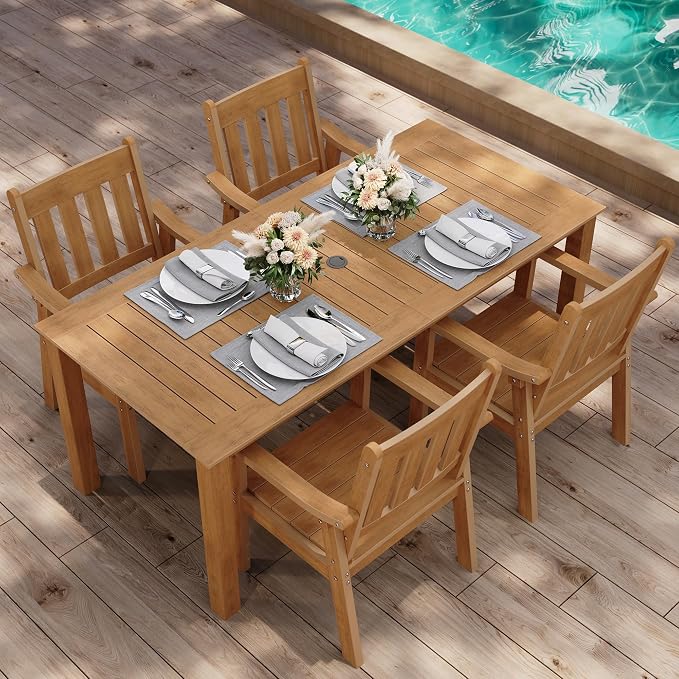 YEFU HIPS Patio Table Set: 5 Piece Outdoor Table and Chairs Dining Furniture Set with Umbrella Hole - Teak Modern Plastic Dining Sets 4 Person for Outside Deck with Metal Aluminum Frame