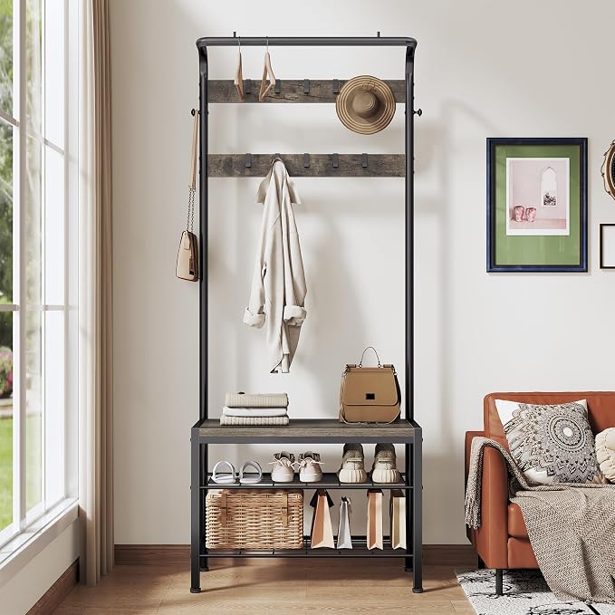DUMOS 5-in-1 Hall Tree with Coat Rack and Shoe Bench, Industrial Entryway Storage Organizer with Top Hanging Rod, 10 Movable Hooks & Side Hooks, Mudroom Bench with 2-Tier Shoe Rack, Grey