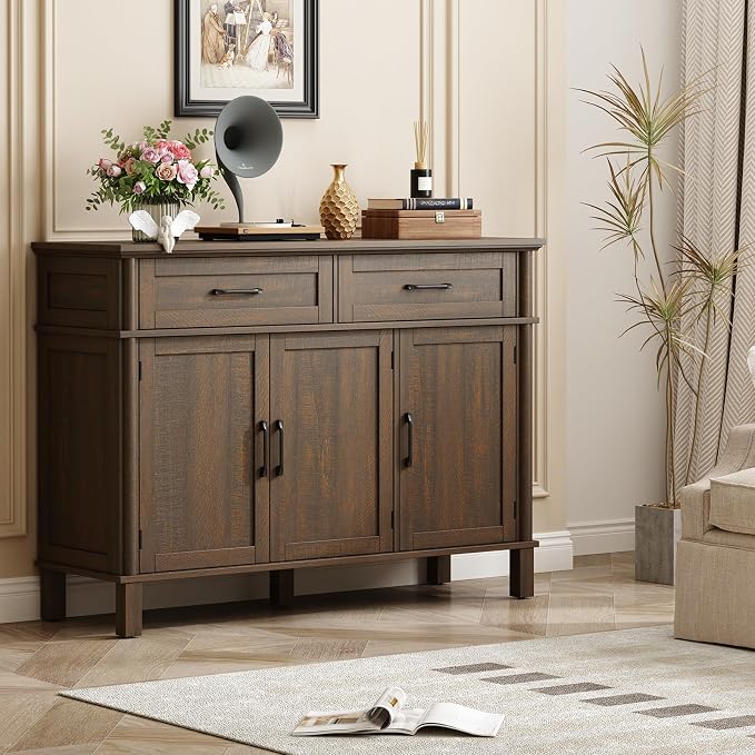 ONBRILL 48 Inch Buffet Cabinet with Storage, Farmhouse Sideboard Buffet w/2 Drawers and 3 Doors, Wood Coffee Bar Cabinet with Adjustable Shelves, Sideboard Storage for Kitchen, Living Room, Brown