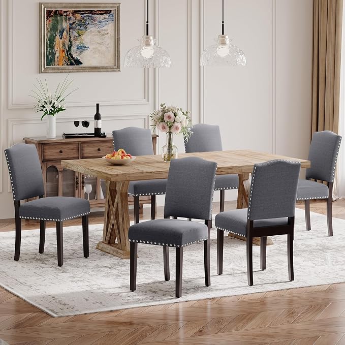 Upholstered Parsons Dining Chairs Set of 6, Modern Dining Room Chairs with Back, Fabric Kitchen Side Chairs with Wood Legs, Nailhead Trim for Dinner Farmhouse Restaurant, Darkgrey