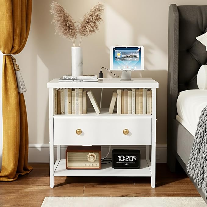 Edbuosy 27 Inch Wide Night Stand with Charging Station, Wood Nightstand with Open Shelf, Large Drawer Bedside Table for Living Room/Bedroom/Office, White