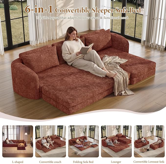 Vesgantti 110.2" Boneless Sectional Couch with Curved Armrest, 6 in 1 Convertible Folding Sleeper Sofa Bed, Chenille Modular Sofa for Living Room, No Assembly Required, Orange, Right Facing Chaise