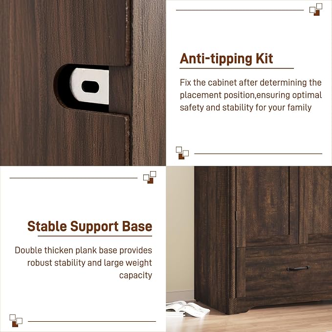 Squireewo 2 Doors Armoire Wardrobe Closet with Doors and Drawers, 71" Farmhouse Arched Wooden Wardrobe Cabinet with Mirror and Lights, Large Armoire Storage Cabinet with Shelves & Hanging Rod,Brown