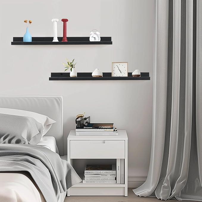 Muzilife 35.4" Large Floating Wall Ledge Shelves with Lip - Set of 2 Wood Floating Shelves - Black Wall Mounted Picture Ledge for Office, Bathroom, Bedroom, Living Room, Kitchen