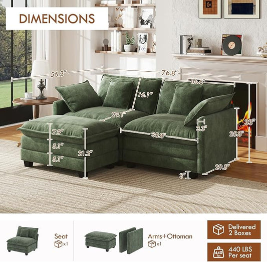 WorthFurni 77 Inch L Shape Cloud Sofa, Modular Sectional Couch with Ottoman, Comfy Chenille Deep Seat Loveseat with Pillow for Living Room Bedroom Apartment (Green)