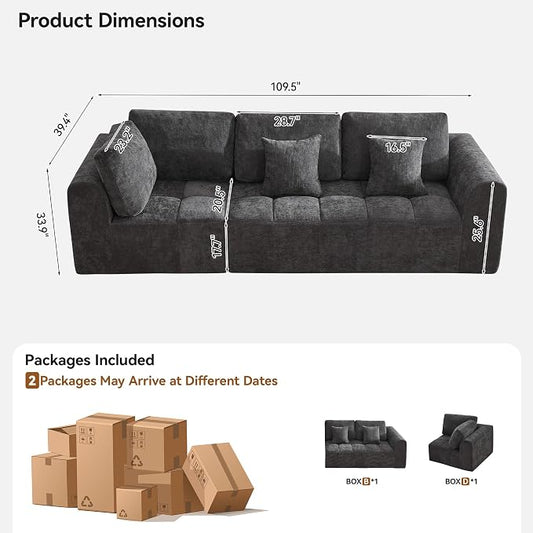110''Modular Sectional Couches for Living Room, Cloud Boneless Compressed Sectional Sofa, Oversized 3 Seater Upholstered Memory Foam Sofa, No Assembly, Chenille Grey