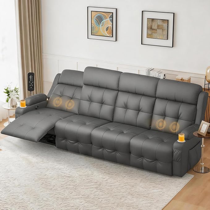 Reclining Couch, 113" PU Leather Sofa Recliner with Massage - 4 Seat Home Theater Seating Comfy Soft, Manual Wall Hugger Reclining with Lumbar Support Sofa Set for Family Living Room, Dark Gray