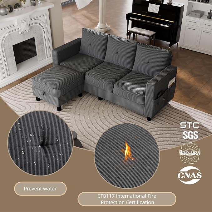 Convertible Sectional Sofa with Storage Ottoman, 77” L-Shaped 3-Seat Couch with Skin-Friendly Corduroy Fabric, Reversible Small Sectional for Small Space, Apartment, Living Room and Office(Dark Grey)