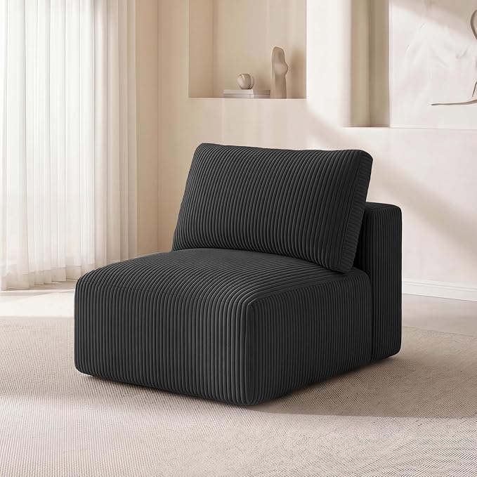 Modular Sectional Sofa Extension, Armless Memory Foam Cloud Chair, 31" Boneless Corduroy Upholstered Single Seat, No Assembly Required Accent Chair for Living Room Apartment Home Decor, Black
