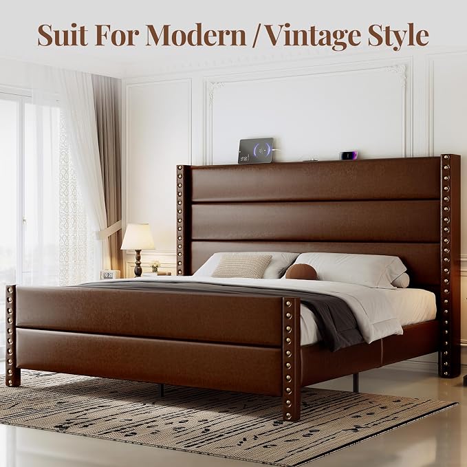 King Size Bed Frame with Storage Shelf & Charging Station, 55" Tall Headboard & 25.6" Footboard, Faux Leather Upholstered Platform Bed with Big Rivets Wingback, Heavy Duty & Noise-Free, Brown