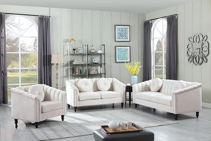 Sectional Sofa Set, Microfiber Chesterfield Upholstered Sofas Loveseat Couch Chair Sets with Style Button Tufted, Scroll Arms and Nailhead for Living Room, Office, Apartment, White,3PCS