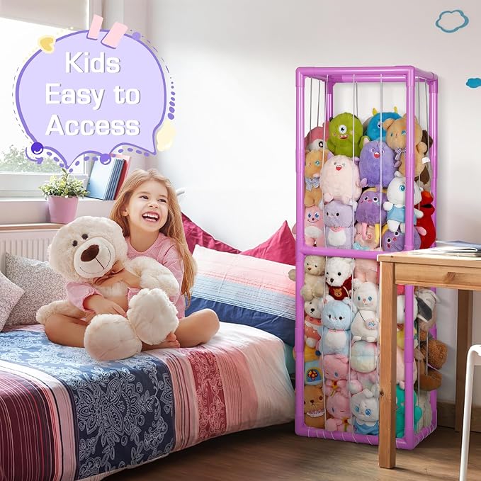 Stuffed Animal Storage Zoo Holder Space Save, PVC Stuffed Animal Organizer | Vertical Plush Toy Organizer with Elastic Band and Net, Large Capacity Stuffy Storage for Playroom Bedroom Nursery