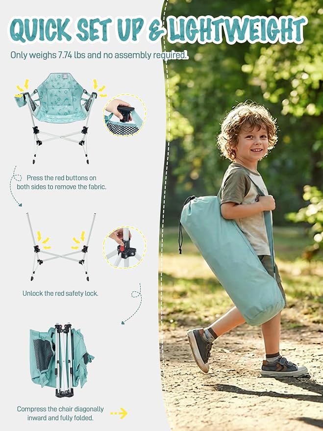 EVER ADVANCED Kids Hammock Chair Foldable, Kids Camping Chair with Stand Portable, Hammock Swing Chair with Cup Holder, Child Camping Gear Carry Bag for Traveling Outdoor Patio Supports 125LBS Green