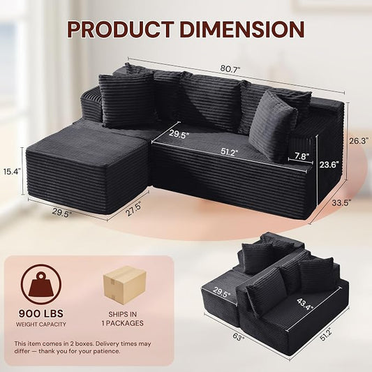 Korser Boneless Couches for Living Room, Cloud Couch Sectional with Ottoman, L-Shaped Sofa with Fluffy Comfy Corduroy Deep Seat, Bedroom, Apartment, No Assembly Required