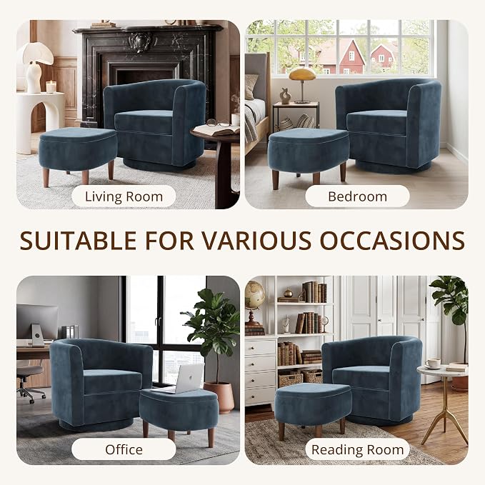 Swivel Accent Chair with Storage Ottoman Set of 2, Small Modern Velvet Barrel Chair, Upholstered Armchair with Footrest for Living Room/Reading/Bedroom, 24.8'' D x 25.38'' W x 25.6'' H, Blue