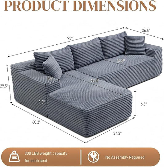 95" L Shaped Cloud Boneless Sectional Couches for Living Room, Modern Comfy Modular Deep Seat Memory Foam Compressed Corduroy Sofa Oversized Left Facing Chaise, No Assembly Required, Grey