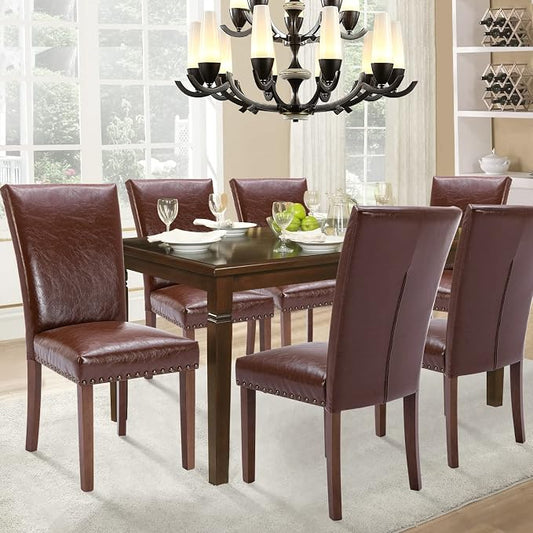 Parsons Dining Chairs Set of 4, Upholstered Nailhead PU Leather Dining Room Kitchen Side Chair with Thick Cushions and Wood Legs, Light Brown
