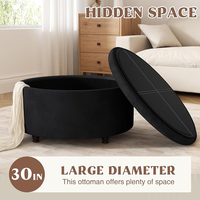 30 Inch Round Storage Ottoman,Modern Tufted Ottomans,Circular Coffee Table with Removable Top,Upholstered Large Ottoman with Storage Footrest Stool for Bedroom Living Room (Black)