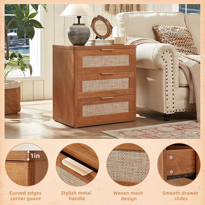 LEYAOYAO Rattan Night Stand with Drawers, 23" Large 3 Drawer Boho Nightstand, Natural Wood Bedside Table Storage Cabinet, Bed Side End Tables Dresser for Bedroom, Living Room, Hallway, Closet