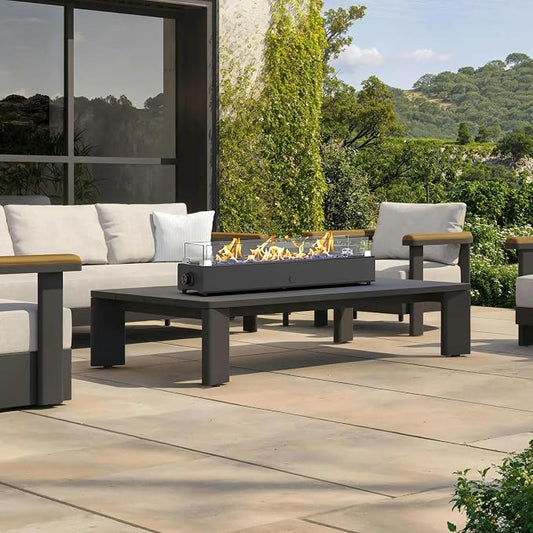 36-inch Table Top Propane Fire Pit, 40,000 BTU Tabletop Firepit for Patio, Outdoor Portable Rectangular Fire Bowl w/Wind Glass Shield, Glass Rocks - Black