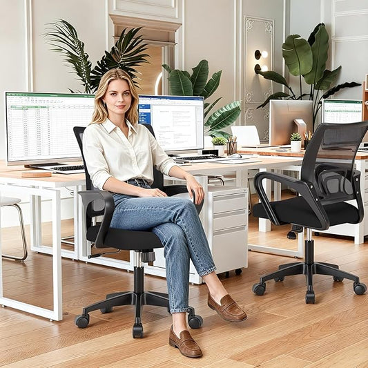 BestOffice | Ergonomic Office Chair | Mid-Back Swivel Desk Chair | Breathable Backrest & Lumbar Support | Adjustable Height | Sponge Seat | Rolling Wheels | Dark Black | for Adults & Women