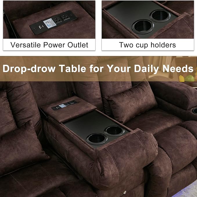 URRED Power Loveseat Recliner Sofa with Massage and Heat, Wall Hugger Reclining Loveseat with Console, RV Couch Home Theater Seating with LED Lights for Living Room (Brown, 67" - 2 Seats)