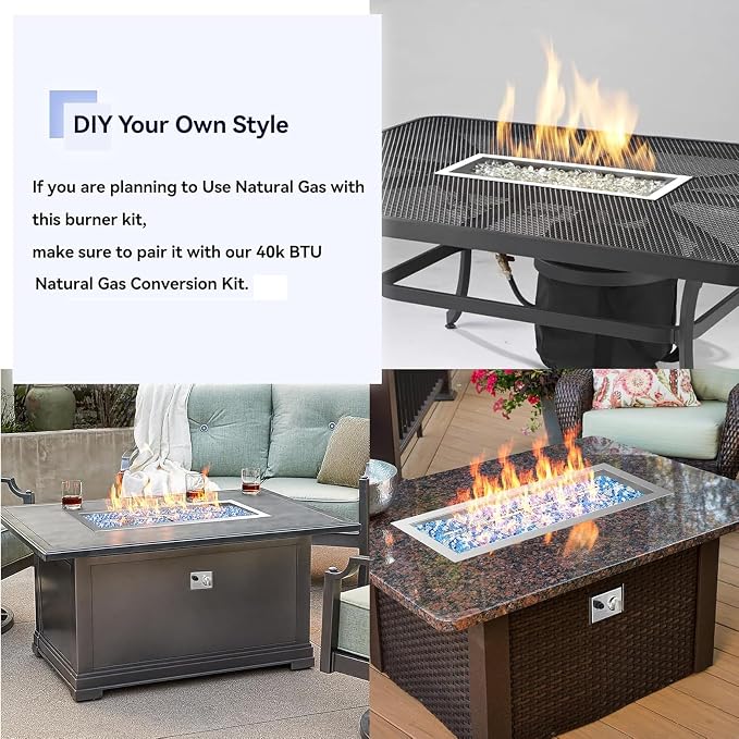 Skyflame Stainless Steel 24" Rectangle Fire Pit Drop-in Burner Kit with Extinguishing Protection Device, Flame Sensing, Electronic Spark Ignition, Gas Hose Connector for Propane