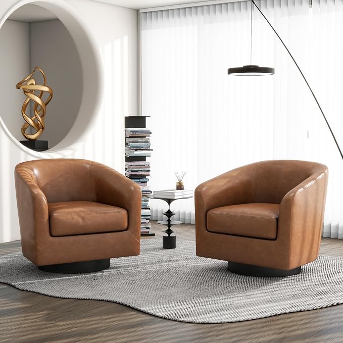 Swivel Barrel Accent Chair, Modern Round Faux Leather Arm Chair for Living Room, Bedroom, Comfy Club Reading Chairs for Adults(Faux Leather, Brown, Set of 1)