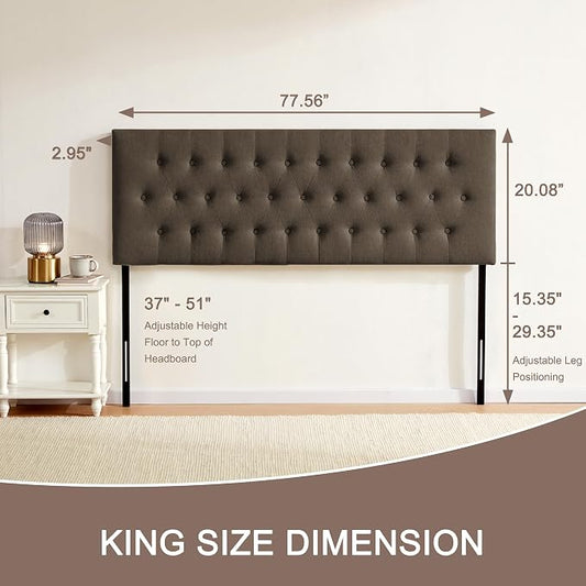 Tufted Upholstered Headboard King Size, Adjustable Height 37- 51 in, Brown | Sturdy and Durable Solid Wood Bed Headboard, Fabric King Headboard Only, Modern Button Diamond Design Head Board