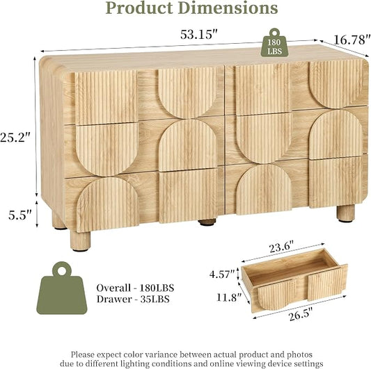 Fluted Dresser for Bedroom with 6 Drawers, 54" Wide Mid Century Modern Chest of Drawers , Wooden Curved Dresser TV Stand, Wood Closet Clothes Storage Organizer for Living Room, Hallway, Natural