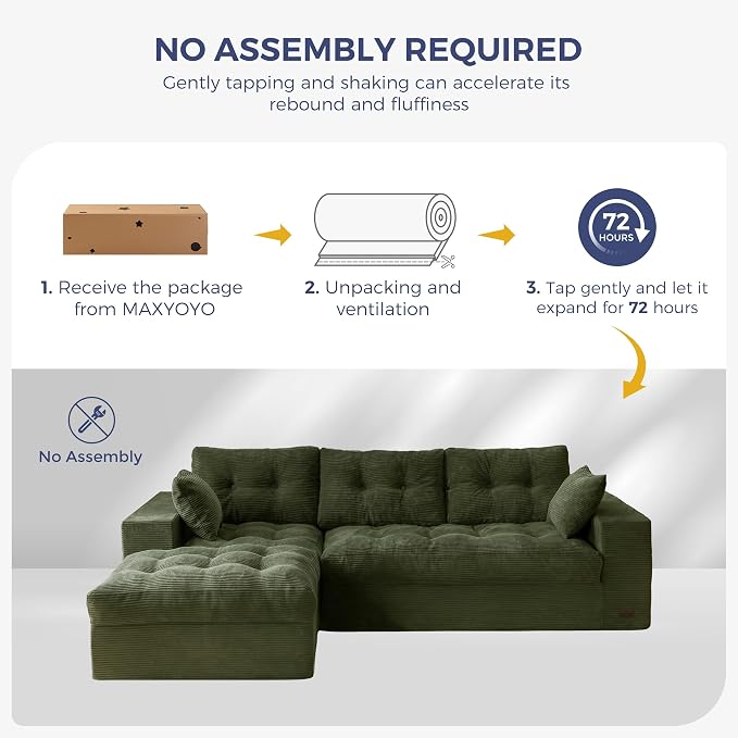 MAXYOYO 96" L Shaped Modular Sectional Sofa with Ottoman, Cloud Boneless Couch with Layered Cushion, Upholstered Sofa in a Box, Flexible Module Combination for Living Room, No Assembly, Dark Green