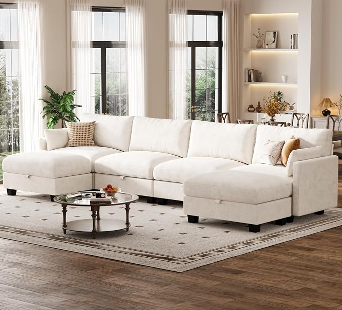 Modular Sectional U Shaped Sofa Couches for Living Room, Cloud Couch with Storage Ottoman, Comfy Chenille Sofa with Pillow, Beige