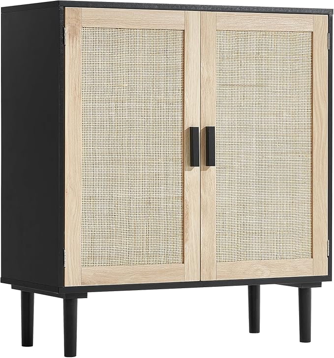VEVOR Rattan Cabinet, Buffet Cabinet with Storage, Storage Cabinet with 2 Magnetic Doors and Adjustable Shelves, Sideboard Buffet for Hallway, Entryway, Living Room, or Kitchen, Black