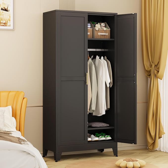 winiowa Metal Armoire Wardrobe Closet with 2 Doors, 71" Wardrobe Cabinet with Adjustable Shelves and Hanging Rod, Clothing Storage Cabinet Closet for Bedroom-Black