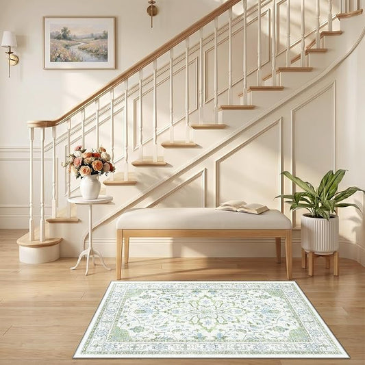 RELEANY Area Rugs Small 2'6"x4' Washable Non-Slip, Floral Vintage Distress Medallion Carpet for Kitchen Entryway Bathroom, Green White Blue