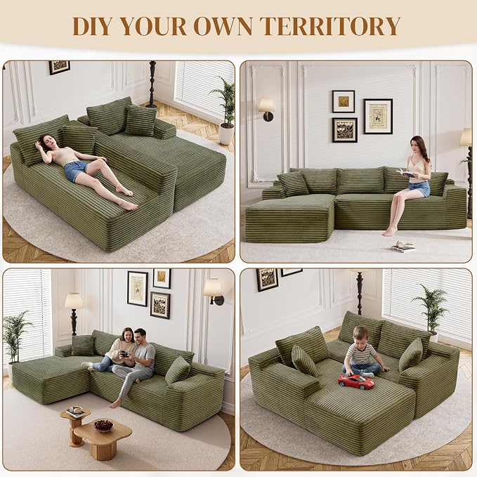 95" L Shaped Boneless Sectional Couches, Wide Armrest, Deep Seat, Memory Foam, Assembly Free, Modern Comfy Corduroy Fluffy Cloud Sofa with Left Chaise for Living Room, Small Spaces, Green