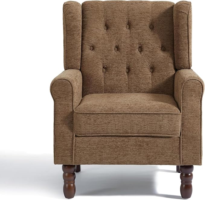 High Back Accent Chair, Fabric Wingback Chair Upholstered Armchair for Living Room, Retro Comfy Single Sofa Bedroom Reading Seat with Solid Wood Legs - Brown