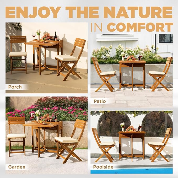 IDZO Natural 3-Piece Bistro Set: Foldable 400lbs Chairs, 220lbs Shelf Table, FSC Acacia Wood, Washable Cushions, Ergonomic Patio Bistro Sets Design