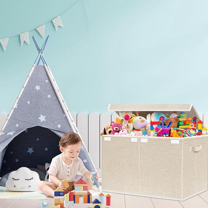Large Toy Box Chest Storage with Lid - Collapsible Kids Toys Boxes Organizer Bins Baskets with Handles for Boys, Girls, Nursery, Playroom, Clothes, Blanket, Bedroom(Beige)