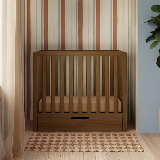 Carter's by Davinci Colby 4-in-1 Convertible Mini Crib with Trundle Drawer in Walnut, Greenguard Gold Certified, Undercrib Storage