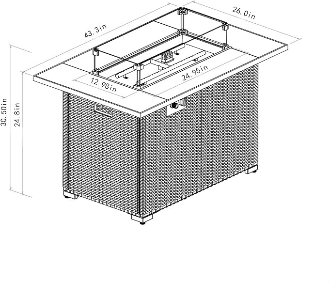 GDFStudio 44" Propane Fire Pit Table 50000 BTU Outdoor Gas Firepit with Ceramic Tile Top & Wicker Base Rectangular Fire Table with Wind Guard Lid & Cover for Patio Deck Garden, Grey Top & Brown Frame