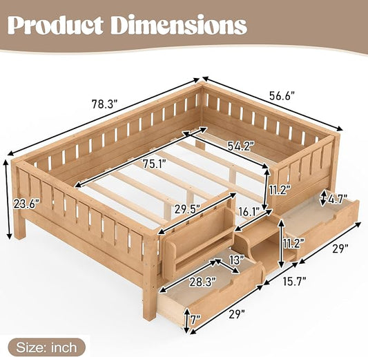 Bellemave Full Floor Bed with Stairs, Rails and Slats, Full Size Montessori Floor Bed with Bookshelf and 2 Storage Drawers, Easy Assemble Montessori Beds Frame for Girls, Boys, Deep Natural