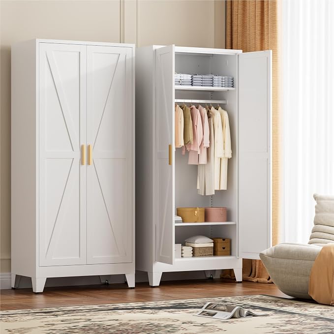 LCAOPC 71" Tall Metal Wardrobe Closet with Adjustable Shelves and Hanging Rod, 2 Doors Free Standing Armoire Wardrobe Cabinet for Bedroom, Office, Laundry Room, White